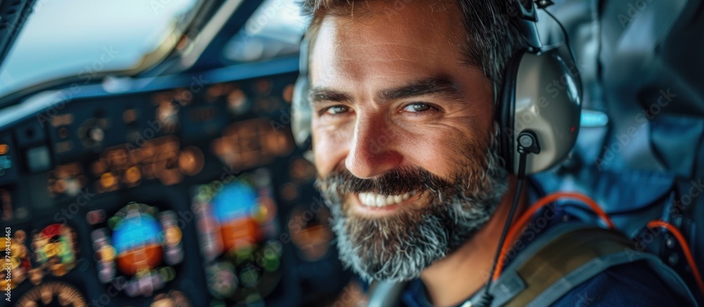 A man, experienced pilot, wearing headphones and smiling in the cockpit of a plane. A man, experienced pilot, wearing headphones and smiling in the cockpit of a plane.