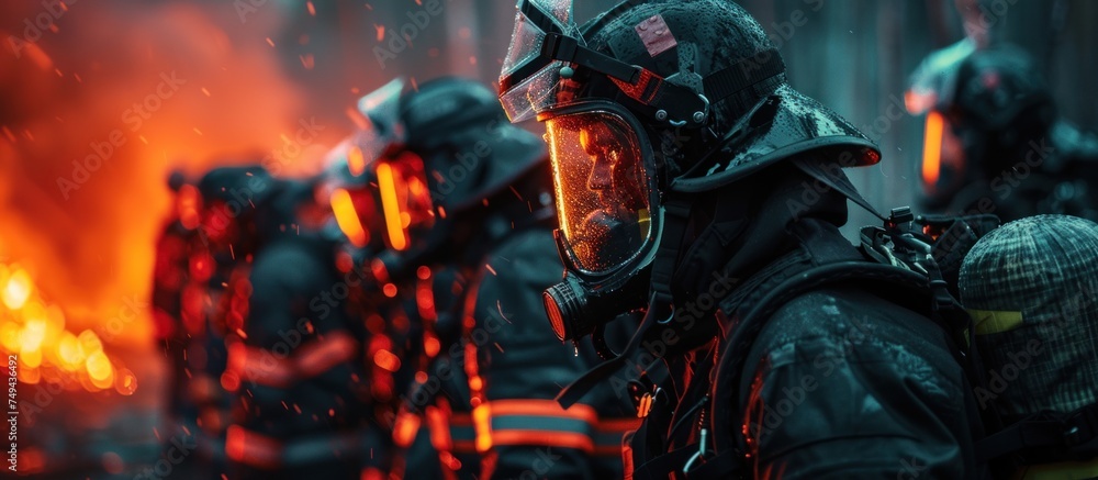 A line of determined firefighters in reflective gear standing united in front of a fierce fire, ready to tackle the blaze. A line of determined firefighters in reflective gear standing united in front of a fierce fire, ready to tackle the blaze.
