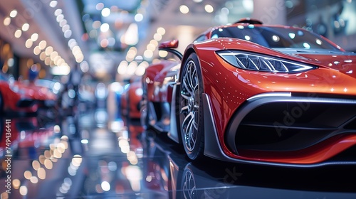 Close up sports cars in the showroom on bokeh background, light reflection. supercars.