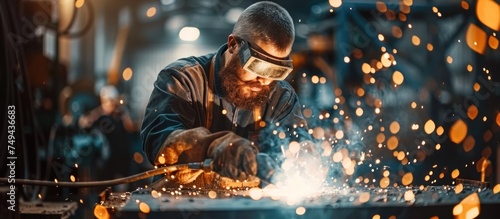A man in industrial attire is intensely focused on welding a piece of metal, with bright sparks flying around him.