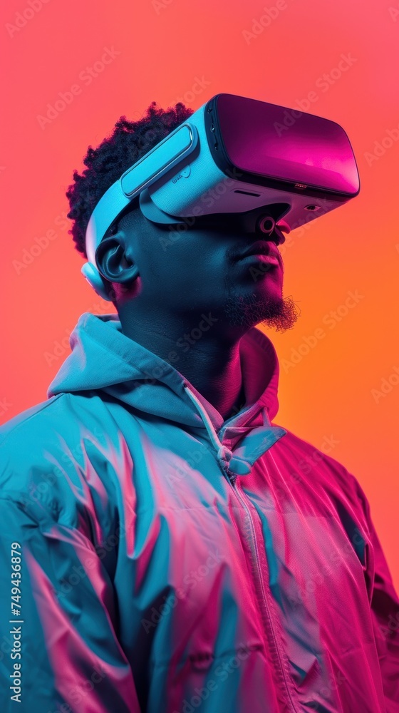 A man is wearing a virtual reality headset in a studio setting. A man is wearing a virtual reality headset in a studio setting.