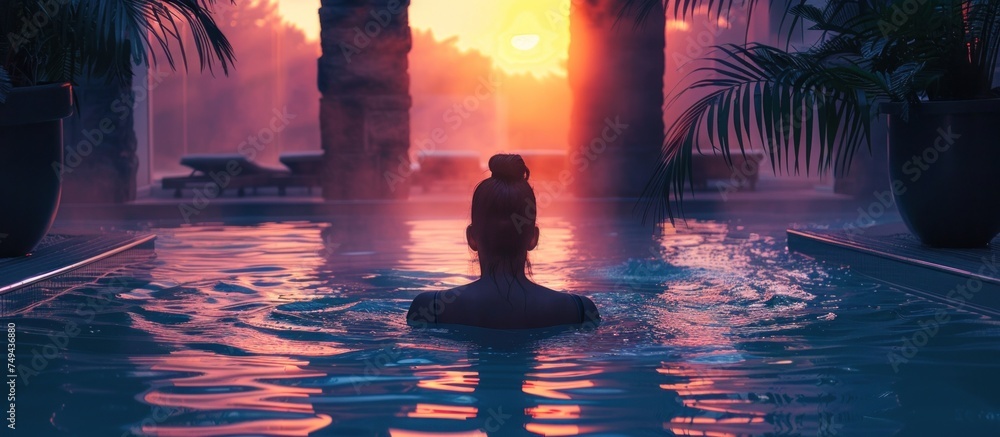 A person is standing in a pool as the sun sets, creating a beautiful twilight scene.