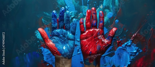 Hands of an individual painted in bright red and blue colors  creating a vibrant contrast. The paint is applied thoroughly  covering the hands completely.