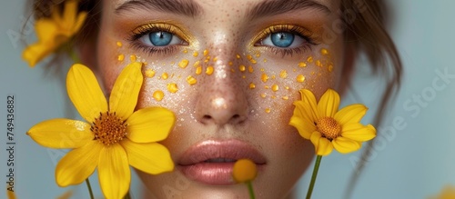 A woman with an androgynous appearance has yellow flowers delicately arranged around her face, creating a striking floral makeup look.