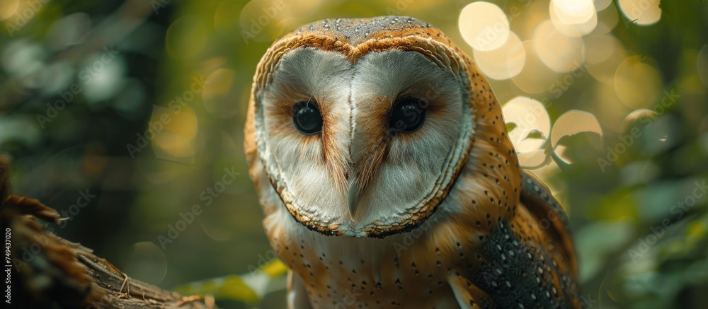 Close-up view of a barn owl perched on a tree branch in the forest, showcasing intricate feather details and piercing eyes.