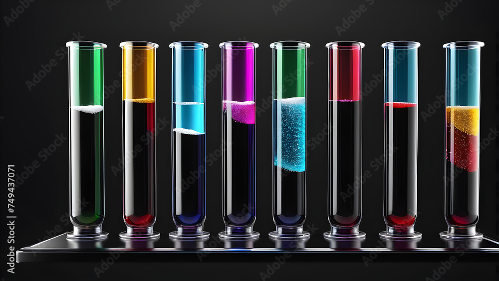 test tubes with liquid. test tubes. test tubes in the laboratory. a colorful realistic test tube med tube with liquids on a black background. chemistry science research. medical research