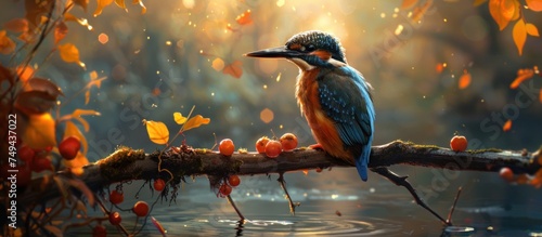 A painting of a kingfisher bird perched on a branch in a wild setting. © FryArt Studio