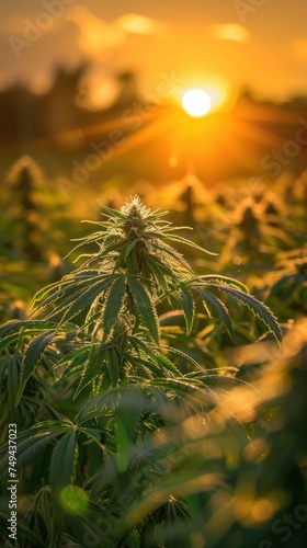 A field of mature marijuana plants under the setting sun  with vibrant green leaves and tall stalks.