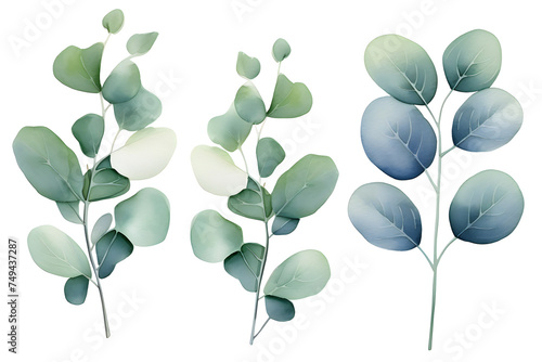 Close-up of watercolor leaves of flowers and eucalyptus on a white background, set,  generated by AI. 3D illustration