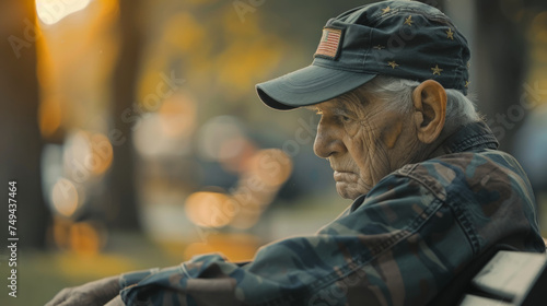 Contemplative Senior Citizen Reflecting on a Park Bench at Sunset