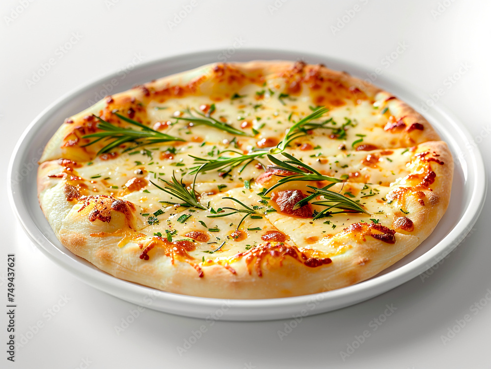  Cheese Pizza with Chives, A freshly baked cheese pizza garnished with green chives, featuring golden crust and bubbly cheese, served on a grey plate with a white background.