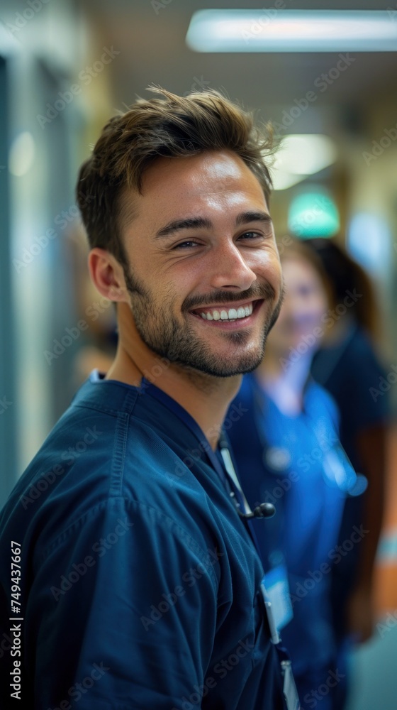 Fototapeta premium A cheerful doctor in medical scrubs standing in a hospital hallway, radiating positivity.