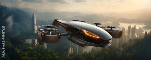 Urban air mobility concept modern passenger drone gliding above scenic landscape. Concept Aerial photography, Urban transportation, Technology innovation, Modern travel, Scenic landscapes © Ян Заболотний
