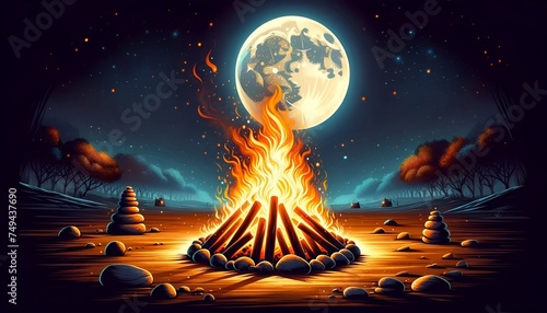Illustration for holika dahan with bonfire at night and full moon. photo