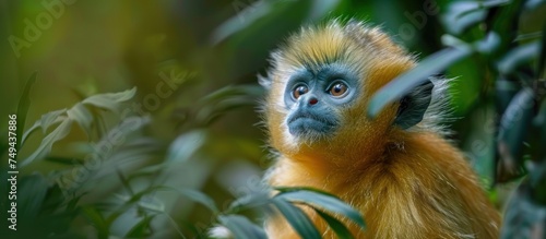 A majestic golden snub-nosed monkey with yellow fur and blue eyes sitting comfortably in a trees branches.