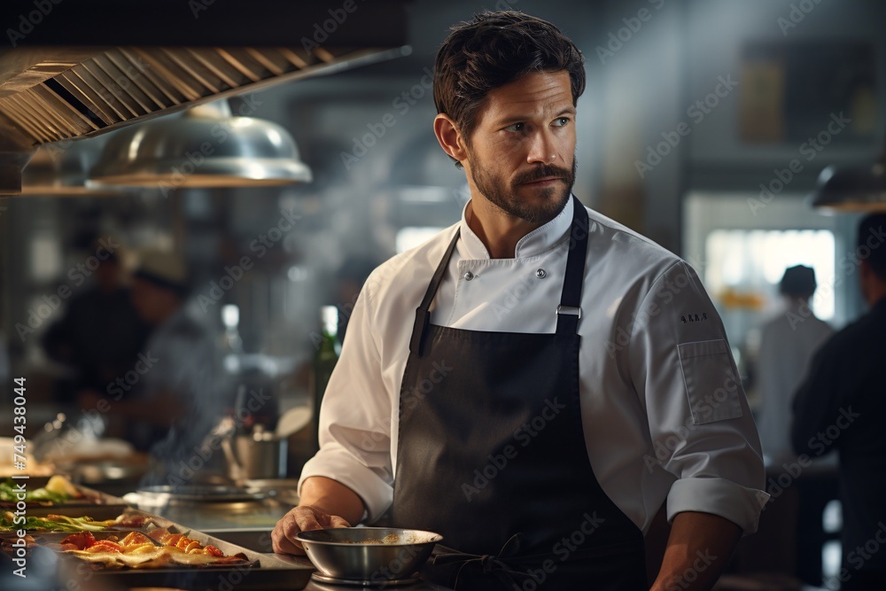 Professional man chef in outfit smiling at work in a professional kitchen Professional man chef in outfit smiling at work in a professional kitchen