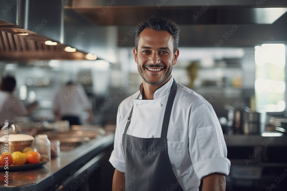 Professional man chef in outfit smiling at work in a professional kitchen Professional man chef in outfit smiling at work in a professional kitchen
