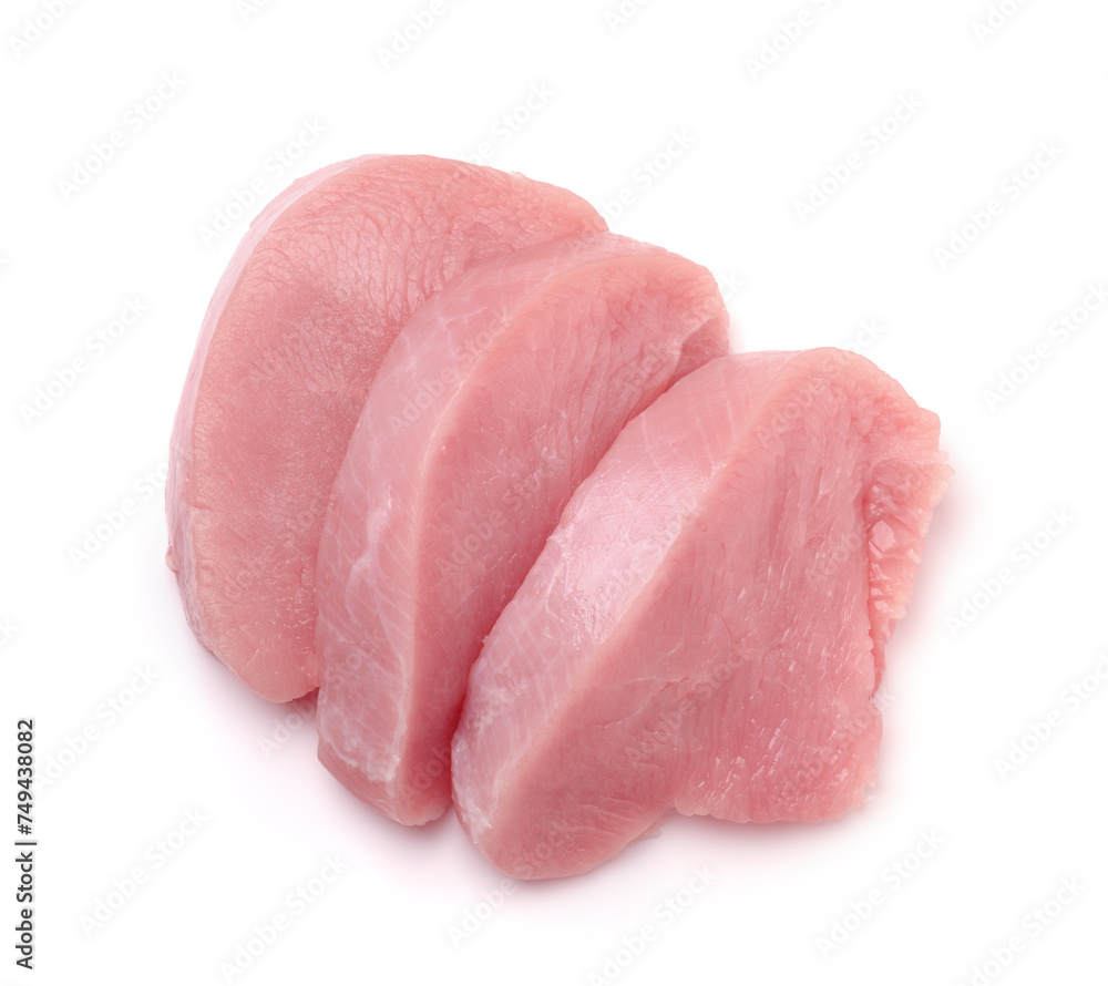 Three slices of raw turkey meat Three slices of raw turkey meat