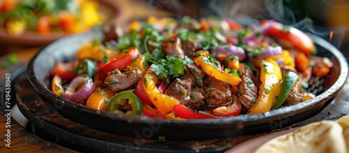 A close-up of a fajita platter filled with sizzling meat and colorful vegetables, resting on a rustic wooden table.