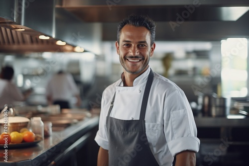 Professional man chef in outfit smiling at work in a professional kitchen