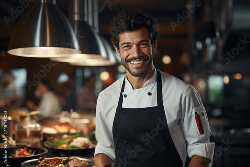 Professional man chef in outfit smiling at work in a professional kitchen