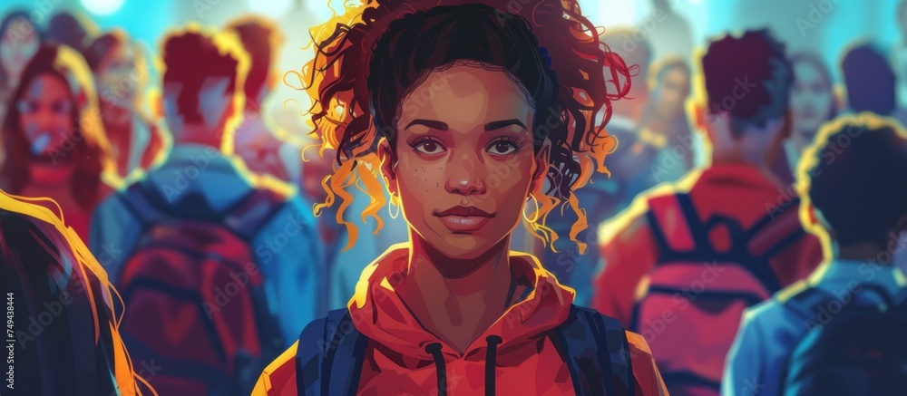 Obraz premium A painting featuring a black woman standing out in a crowd of people, possibly college students. The woman appears to be heading towards an educational institution.