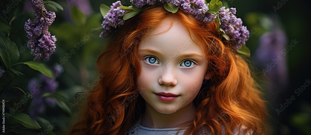 A young girl with long red hair is adorned with a wreath of lilacs on her head. She stands in a garden, surrounded by vibrant spring blooms, exuding a cheerful and natural aura. A young girl with long red hair is adorned with a wreath of lilacs on her head. She stands in a garden, surrounded by vibrant spring blooms, exuding a cheerful and natural aura.