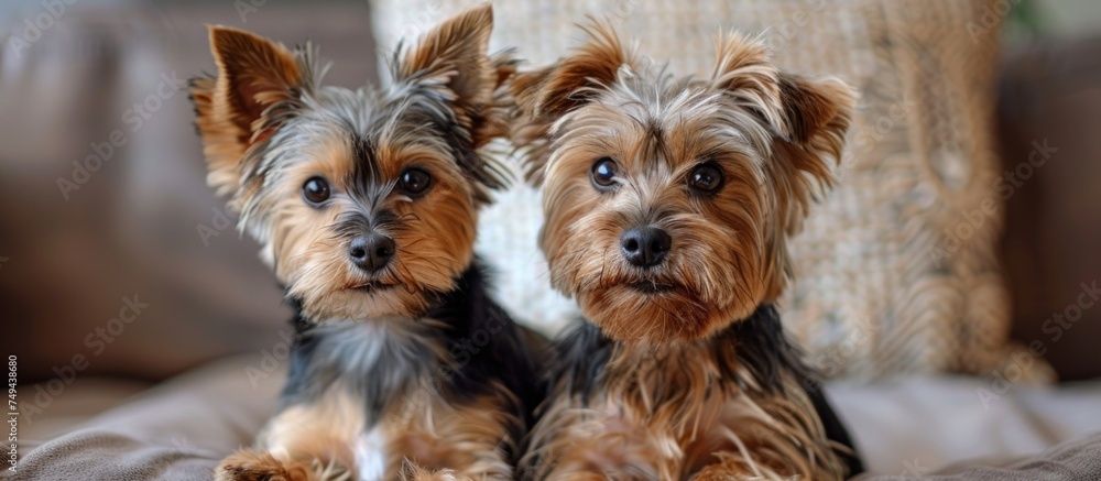Two cheerful Yorkshire Terriers sitting on top of a bed.