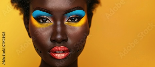 A bold African woman showcases bright blue and yellow makeup in a captivating portrait.