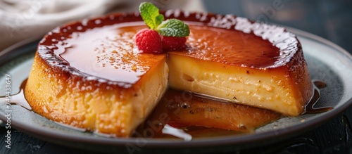 A plate holding a traditional Mexican flan dessert drenched in sweet syrup.