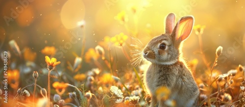 A rabbit sitting calmly in the middle of a vibrant field of colorful flowers on a sunny day. © FryArt