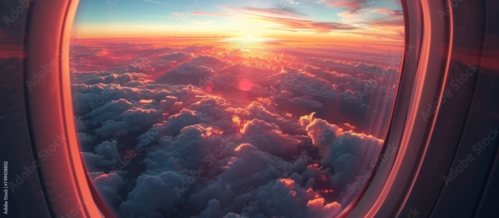 The view from an airplane window capturing the sunset skyline with clouds and city lights below. The view from an airplane window capturing the sunset skyline with clouds and city lights below.