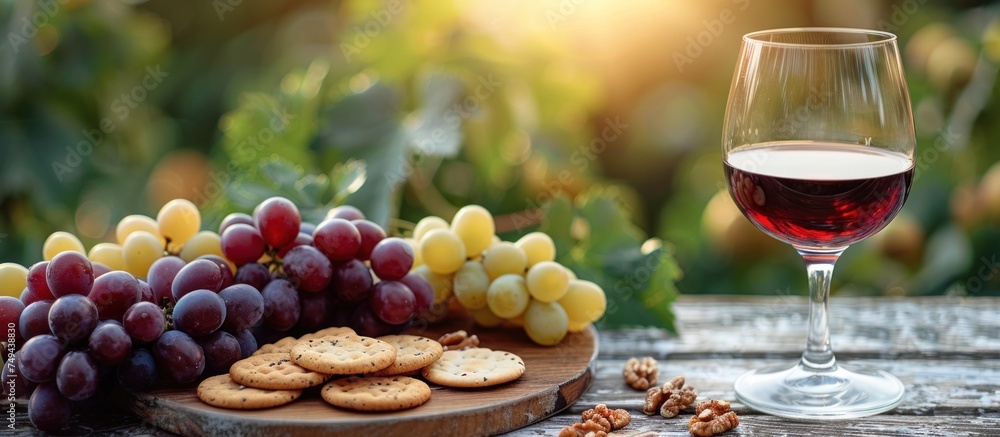 A glass of red wine placed next to a bunch of grapes, creating a classic wine and fruit combination.
