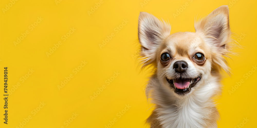 Portrait of a smiling dog on a yellow background. Horizontal banner with copy space