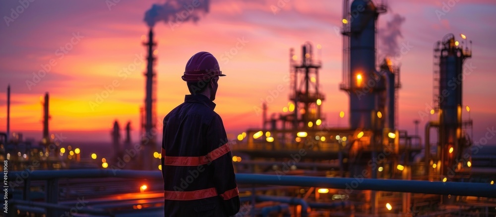 A man stands in front of a large oil refinery complex, overseeing the industrial operations at dusk. A man stands in front of a large oil refinery complex, overseeing the industrial operations at dusk.