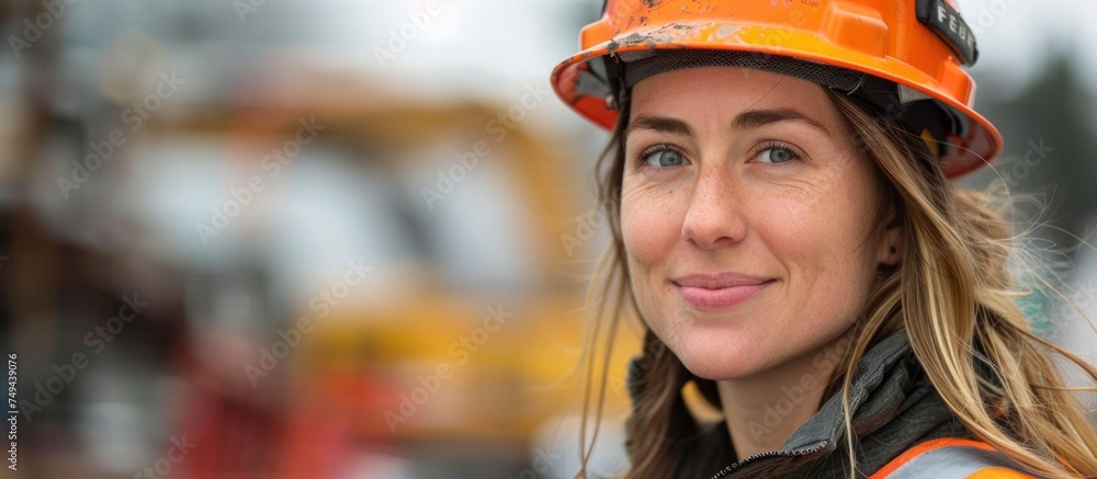 A woman confidently wearing a hard hat and jacket at a construction site. A woman confidently wearing a hard hat and jacket at a construction site.