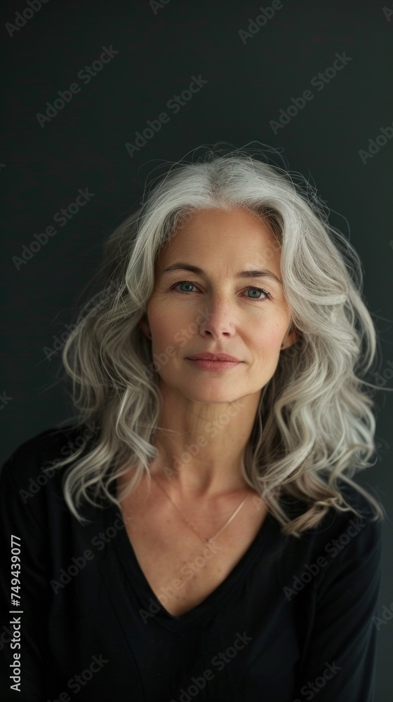 A portrait of a mature woman with grey hair wearing a black shirt in a studio setting. A portrait of a mature woman with grey hair wearing a black shirt in a studio setting.