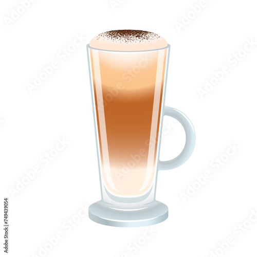 Latte macchiato with froth milk vector illustration. Latte macchiato coffee icon vector isolated on a white background. Coffee in a tall glass with a handle graphic design element
