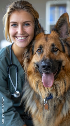 A professional veterinarian is examining a German Shepherd dog using a stethoscope. The woman appears focused and caring, providing medical attention to the animal.