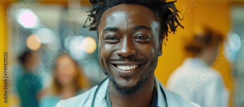 afro doctor with dreadlocks smiles at the camera.