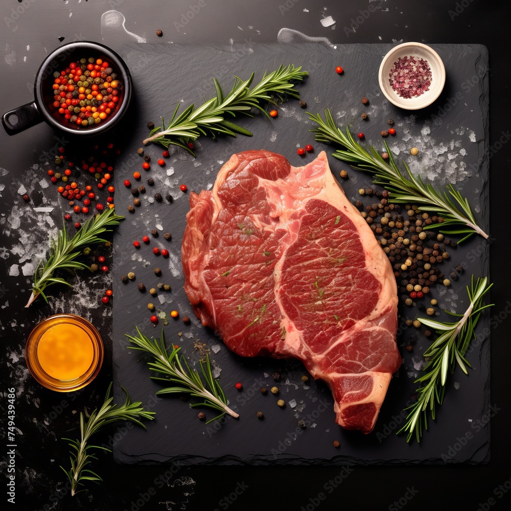 Prime Cut Fresh Raw Denver Steak Marble Beef Meat and Aromatic Herbs.