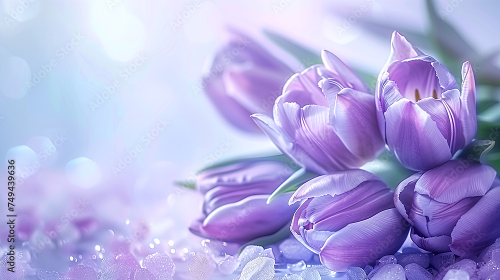 Fototapeta premium Lilac tulips. Beautiful, airy banner for spring cards, backgrounds