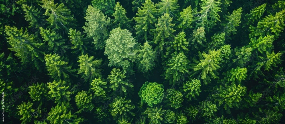 An overhead perspective of a dense forest filled with coniferous green trees creating a thick canopy covering the woodland below.