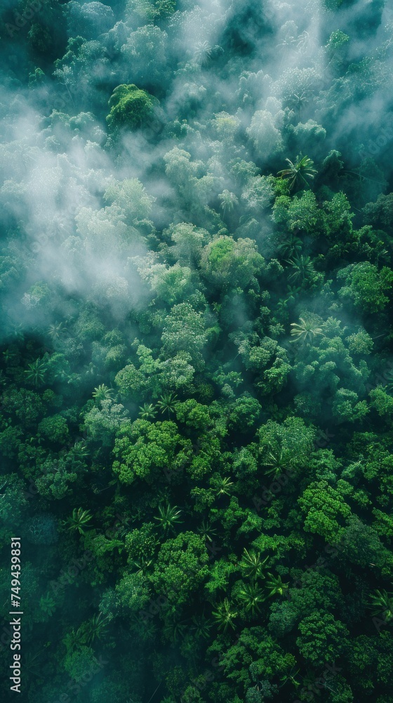 View from above of a dense, green forest canopy with a variety of trees and vegetation. View from above of a dense, green forest canopy with a variety of trees and vegetation.