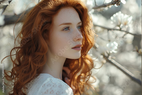 fashion shot of natural beautiful red haired woman spring outdoor
