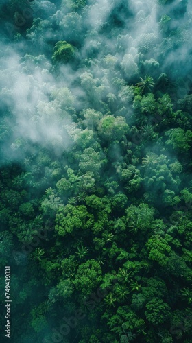 View from above of a dense, green forest canopy with a variety of trees and vegetation.