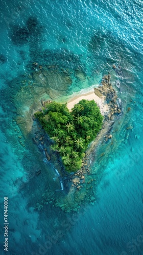 Aerial view of Caribbean island shaped like a heart surrounded by ocean waters.