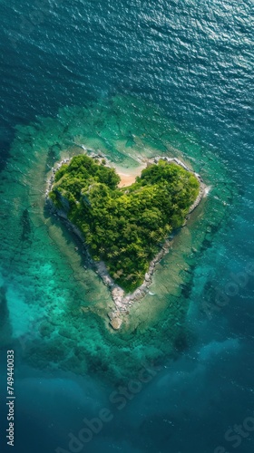 A heart-shaped island amidst the vast ocean, surrounded by blue waters. © FryArt Studio