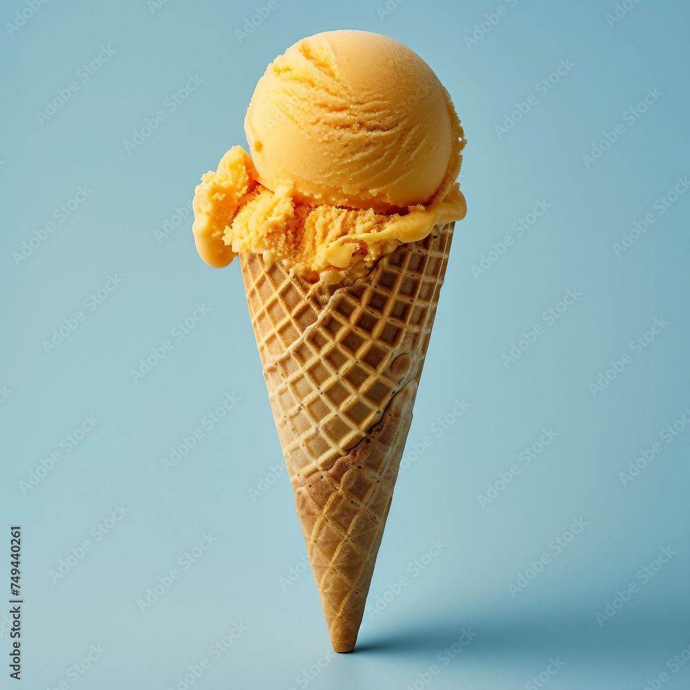 Mandarin ice cream isolated on a clean background - ice cream, cone, waffle cone Mandarin ice cream isolated on a clean background - ice cream, cone, waffle cone