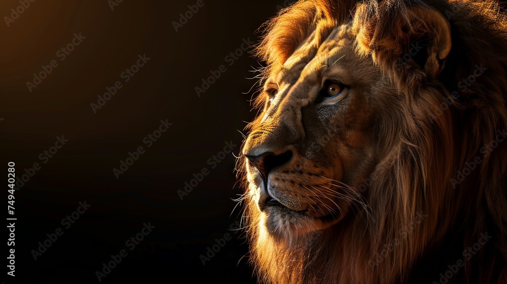 Illustration AI horizontal majestic lion at dusk. Copy space. Concept animals.